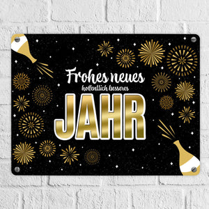 Silvester Metallschild mit Spruch - Silvester Rakete Böller Konfetti Sekt Sterne Year neu happy