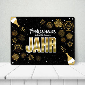 Silvester Metallschild mit Spruch - Silvester Rakete Böller Konfetti Sekt Sterne Year neu happy