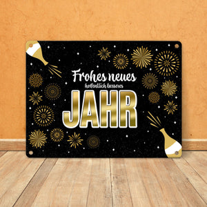 Silvester Metallschild mit Spruch - Silvester Rakete Böller Konfetti Sekt Sterne Year neu happy