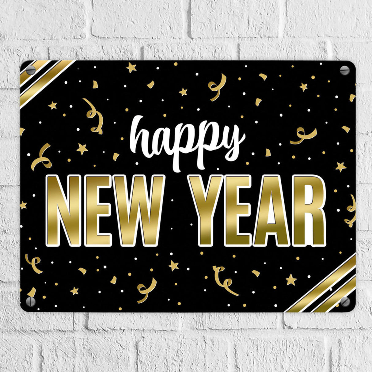 Silvester Metallschild mit Spruch - Silvester Rakete Böller Konfetti Sekt Sterne Year neu happy