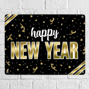Silvester Metallschild mit Spruch - Silvester Rakete Böller Konfetti Sekt Sterne Year neu happy