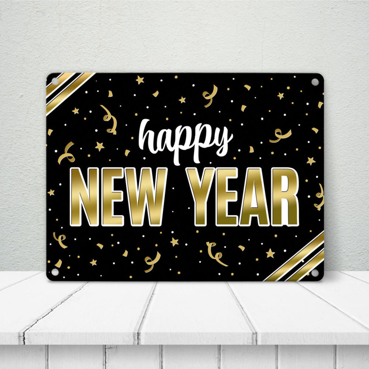 Silvester Metallschild mit Spruch - Silvester Rakete Böller Konfetti Sekt Sterne Year neu happy