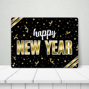 Silvester Metallschild mit Spruch - Silvester Rakete Böller Konfetti Sekt Sterne Year neu happy