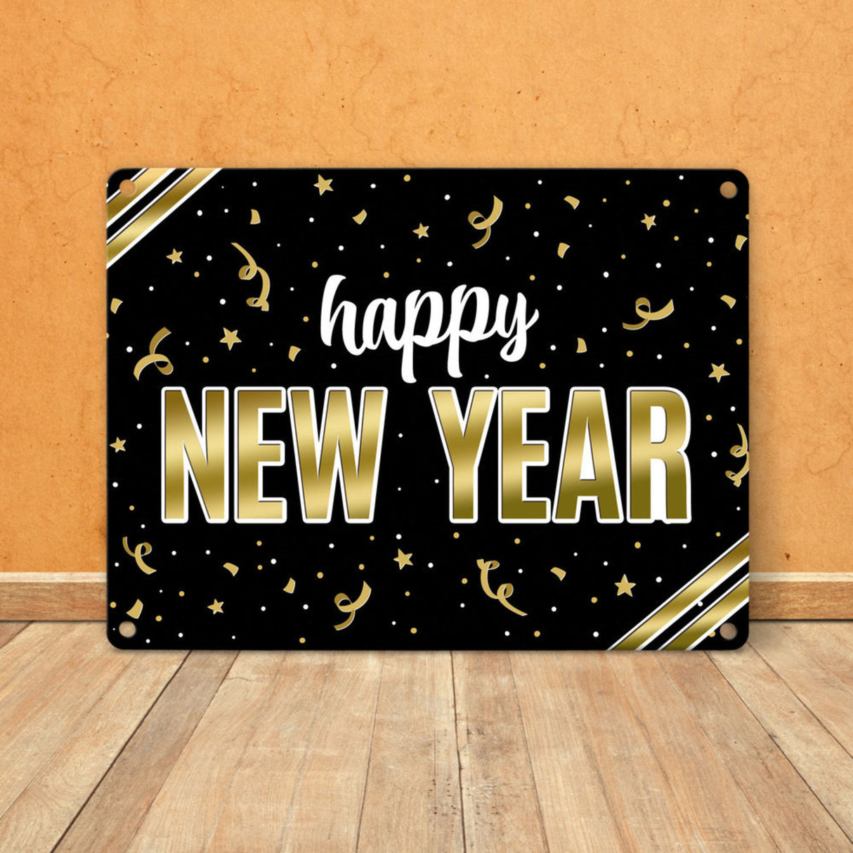 Silvester Metallschild mit Spruch - Silvester Rakete Böller Konfetti Sekt Sterne Year neu happy