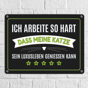 Luxusleben Katze Metallschild mit Barthaar Motiv - Haustier Luxus Arbeit Kater Katze Büro
