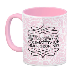 Hotel Mama Tasse mit floralen Mustern und Aufschriften