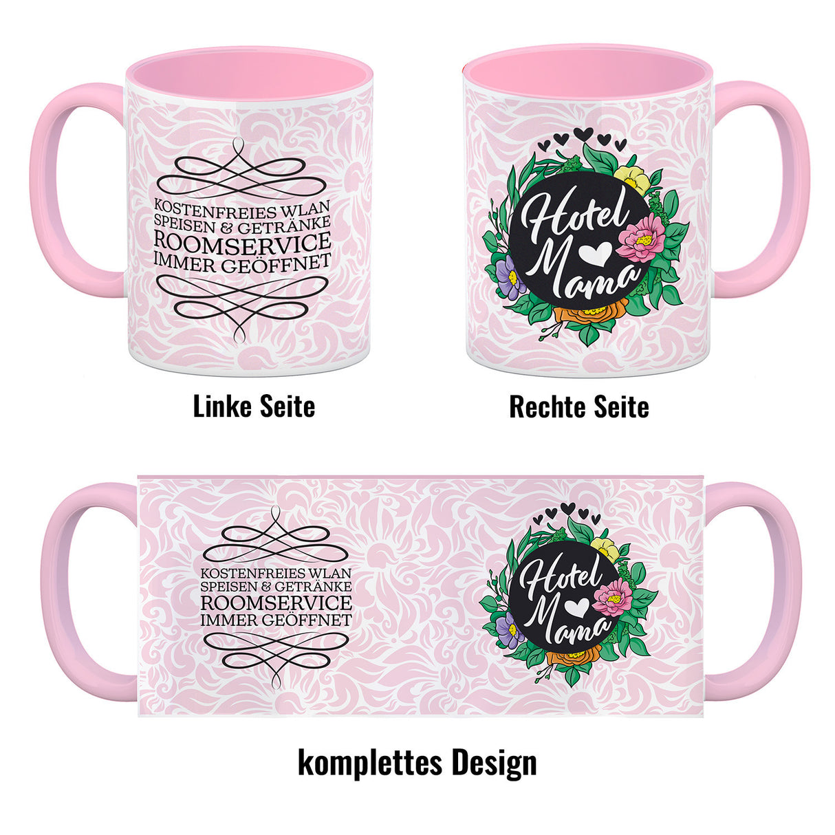 Hotel Mama Tasse mit floralen Mustern und Aufschriften