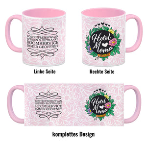 Hotel Mama Tasse mit floralen Mustern und Aufschriften