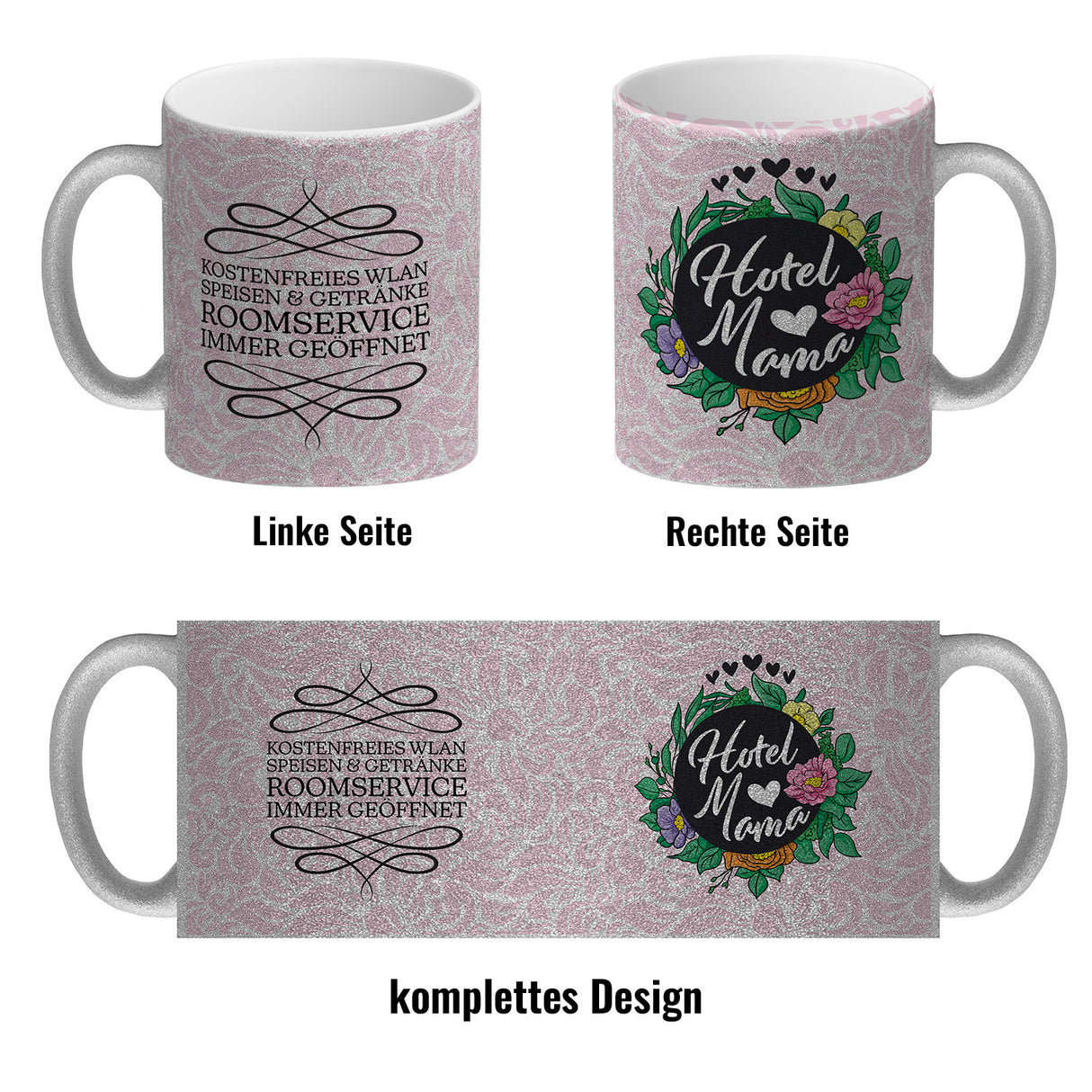 Hotel Mama Tasse mit floralen Mustern und Aufschriften