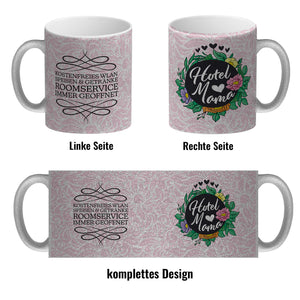 Hotel Mama Tasse mit floralen Mustern und Aufschriften