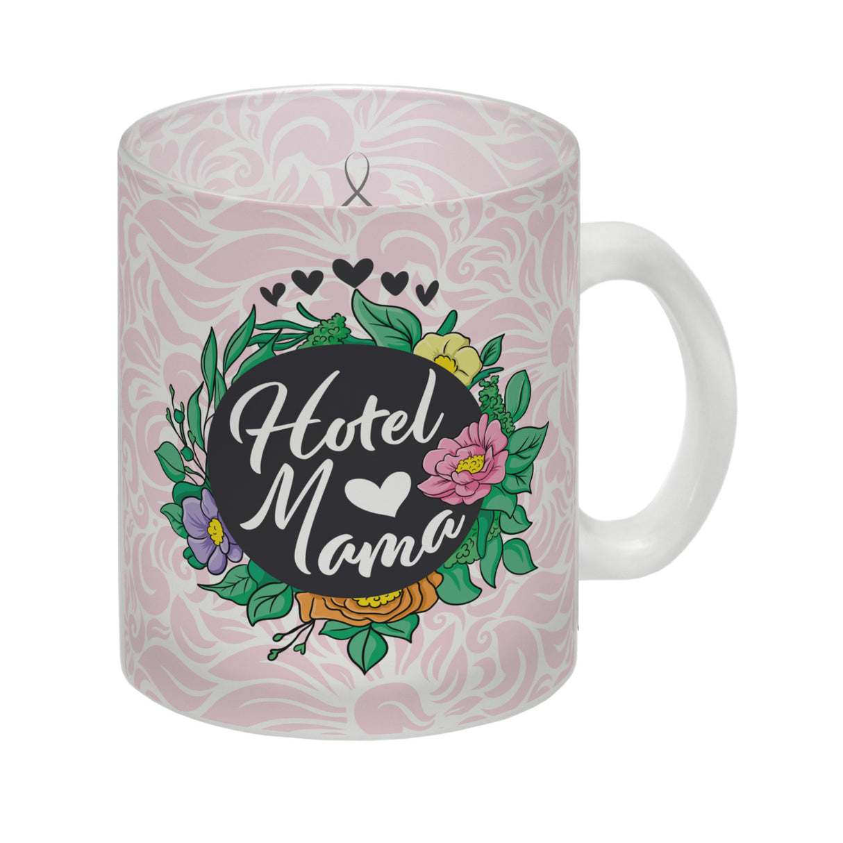Hotel Mama Tasse mit floralen Mustern und Aufschriften