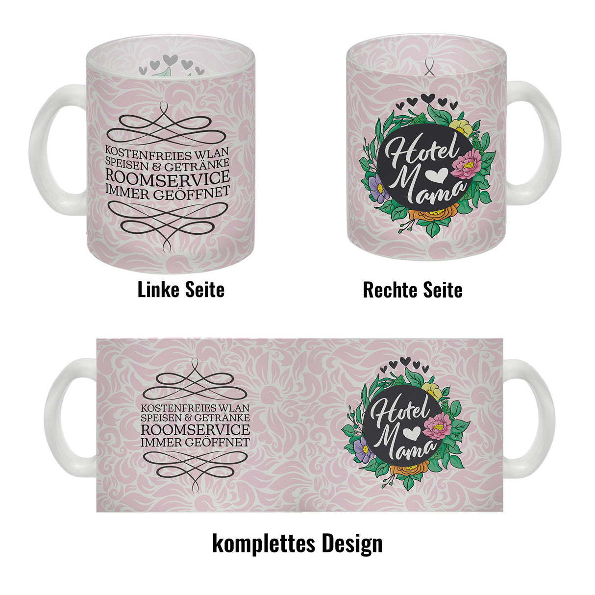 Hotel Mama Tasse mit floralen Mustern und Aufschriften