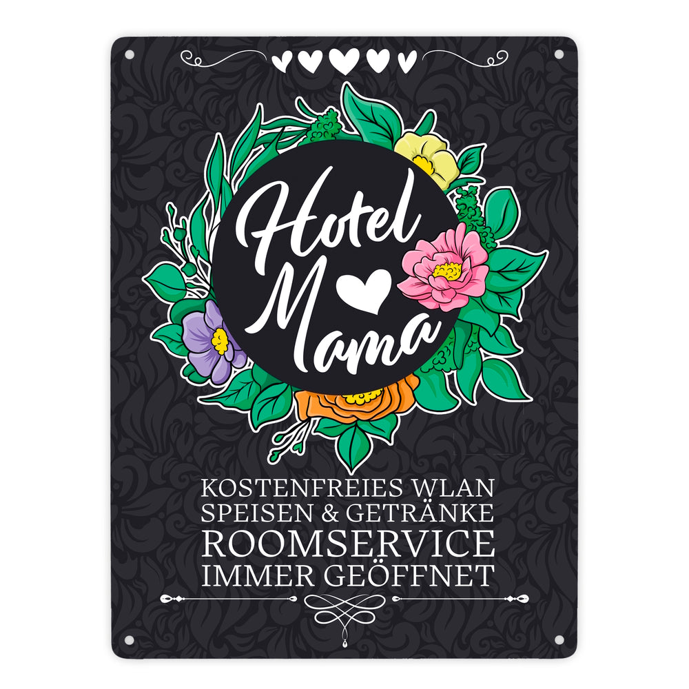 Hotel Mama Metallschild mit floralen Mustern und Aufschriften