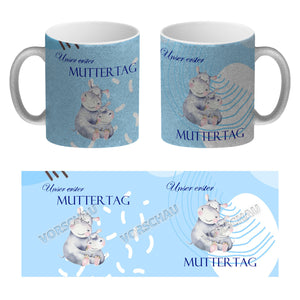 Nilpferd-Kaffeebecher zu ersten Muttertag mit Mama und Baby in rosa