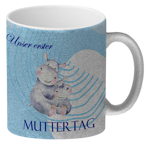 Nilpferd-Kaffeebecher zu ersten Muttertag mit Mama und Baby in rosa
