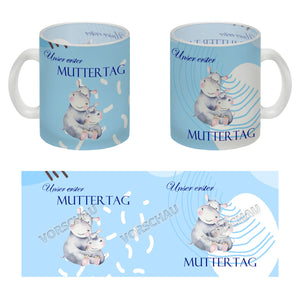 Nilpferd-Kaffeebecher zu ersten Muttertag mit Mama und Baby in rosa