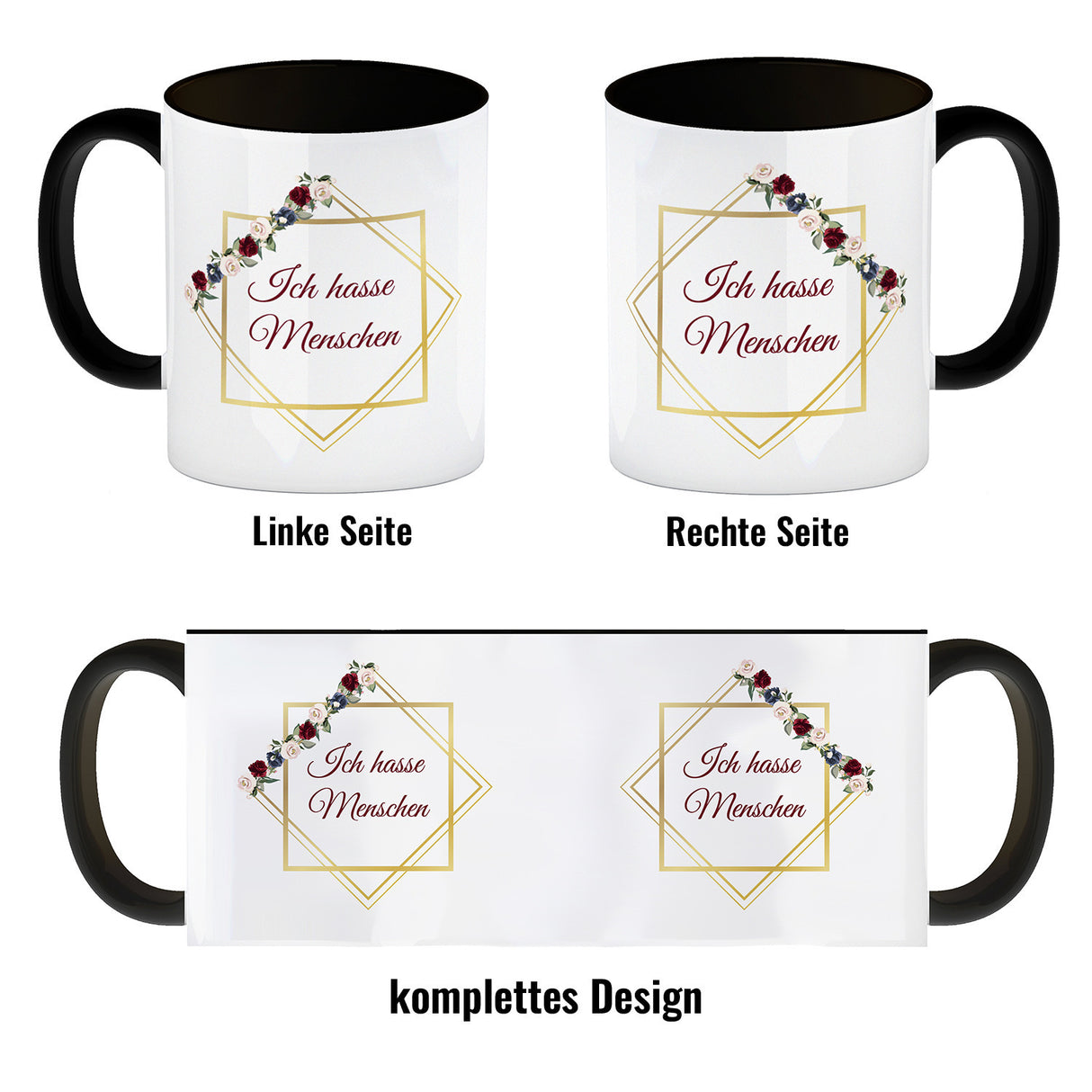 Ich hasse Menschen Kaffeetasse mit goldenem Rahmen und Blumen