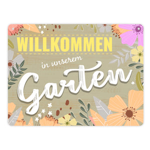 Willkommen in unserem Garten Metallschild mit Blumenmustern
