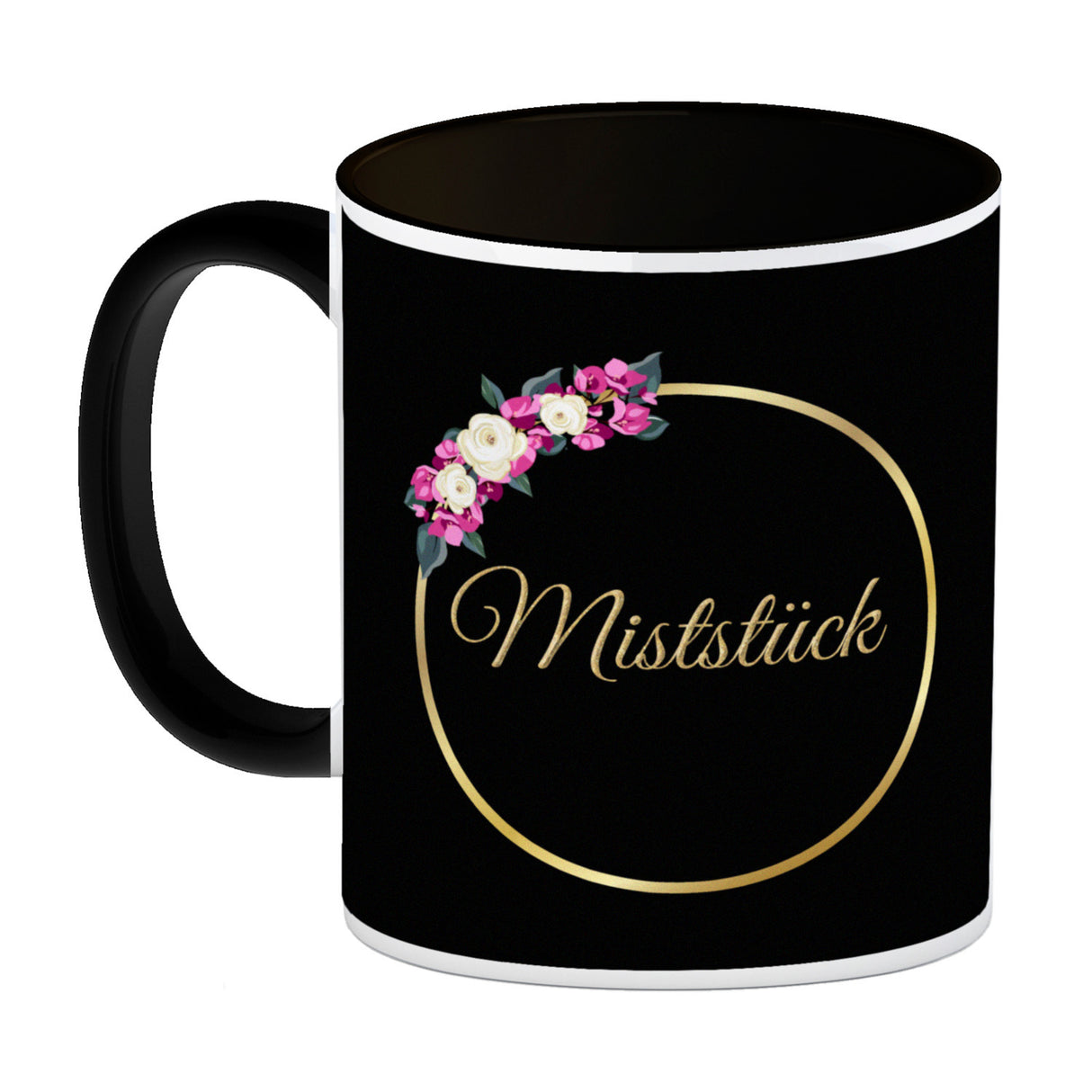 Kaffeebecher Miststück mit Goldrahmen und Blumen Schimpfwort-Tasse