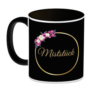 Kaffeebecher Miststück mit Goldrahmen und Blumen Schimpfwort-Tasse