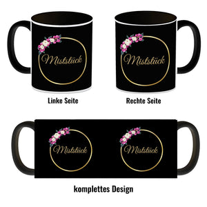 Kaffeebecher Miststück mit Goldrahmen und Blumen Schimpfwort-Tasse