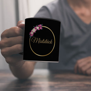Kaffeebecher Miststück mit Goldrahmen und Blumen Schimpfwort-Tasse