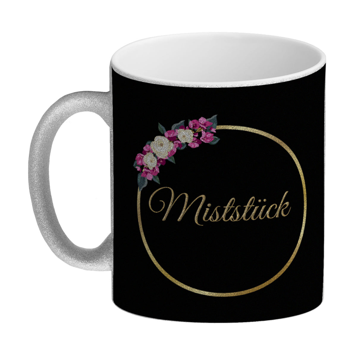 Kaffeebecher Miststück mit Goldrahmen und Blumen Schimpfwort-Tasse