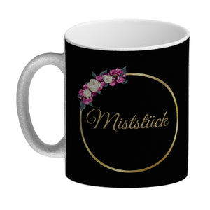 Kaffeebecher Miststück mit Goldrahmen und Blumen Schimpfwort-Tasse
