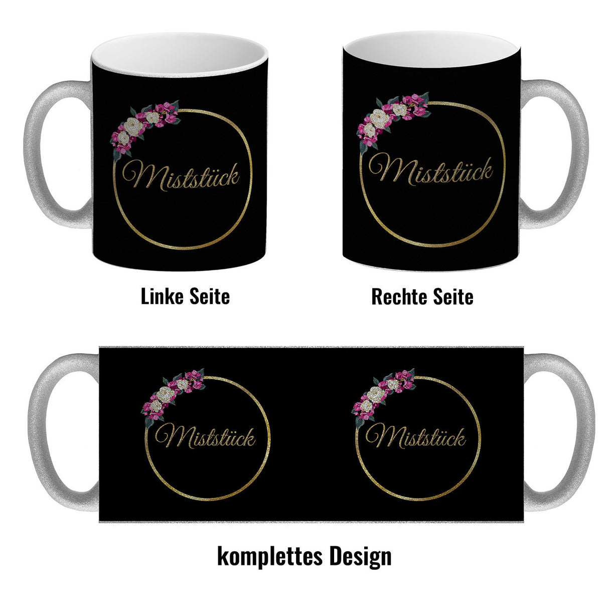 Kaffeebecher Miststück mit Goldrahmen und Blumen Schimpfwort-Tasse