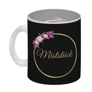 Kaffeebecher Miststück mit Goldrahmen und Blumen Schimpfwort-Tasse