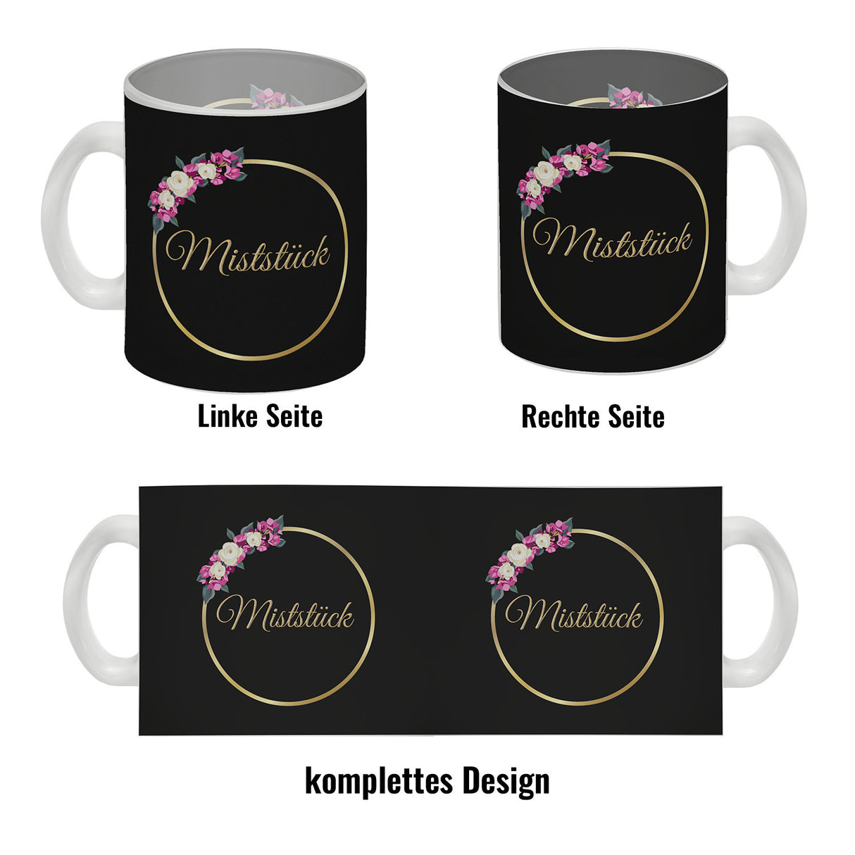 Kaffeebecher Miststück mit Goldrahmen und Blumen Schimpfwort-Tasse