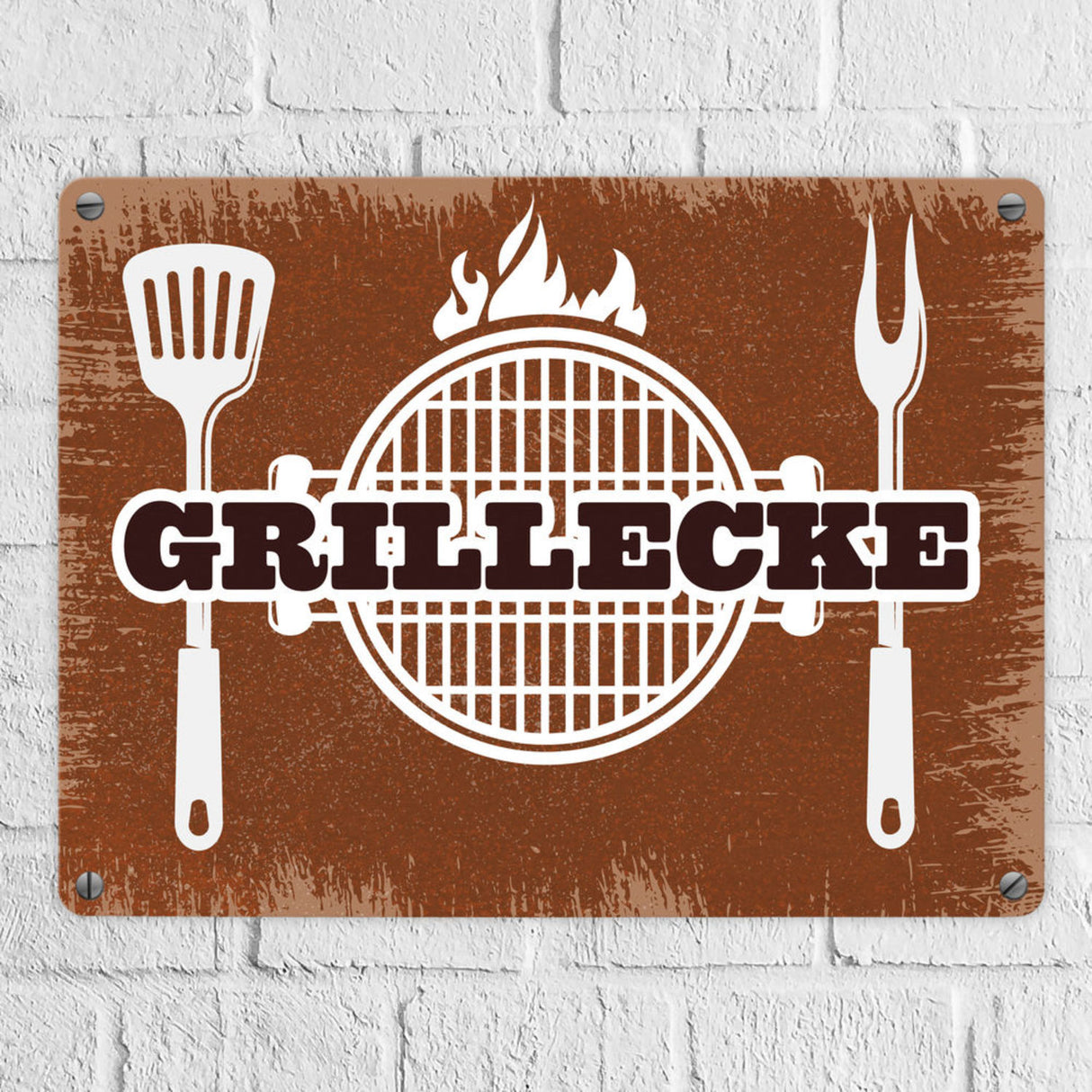 Grillecke Metallschild mit coolem Grillmotiv auf beigem Hintergrund