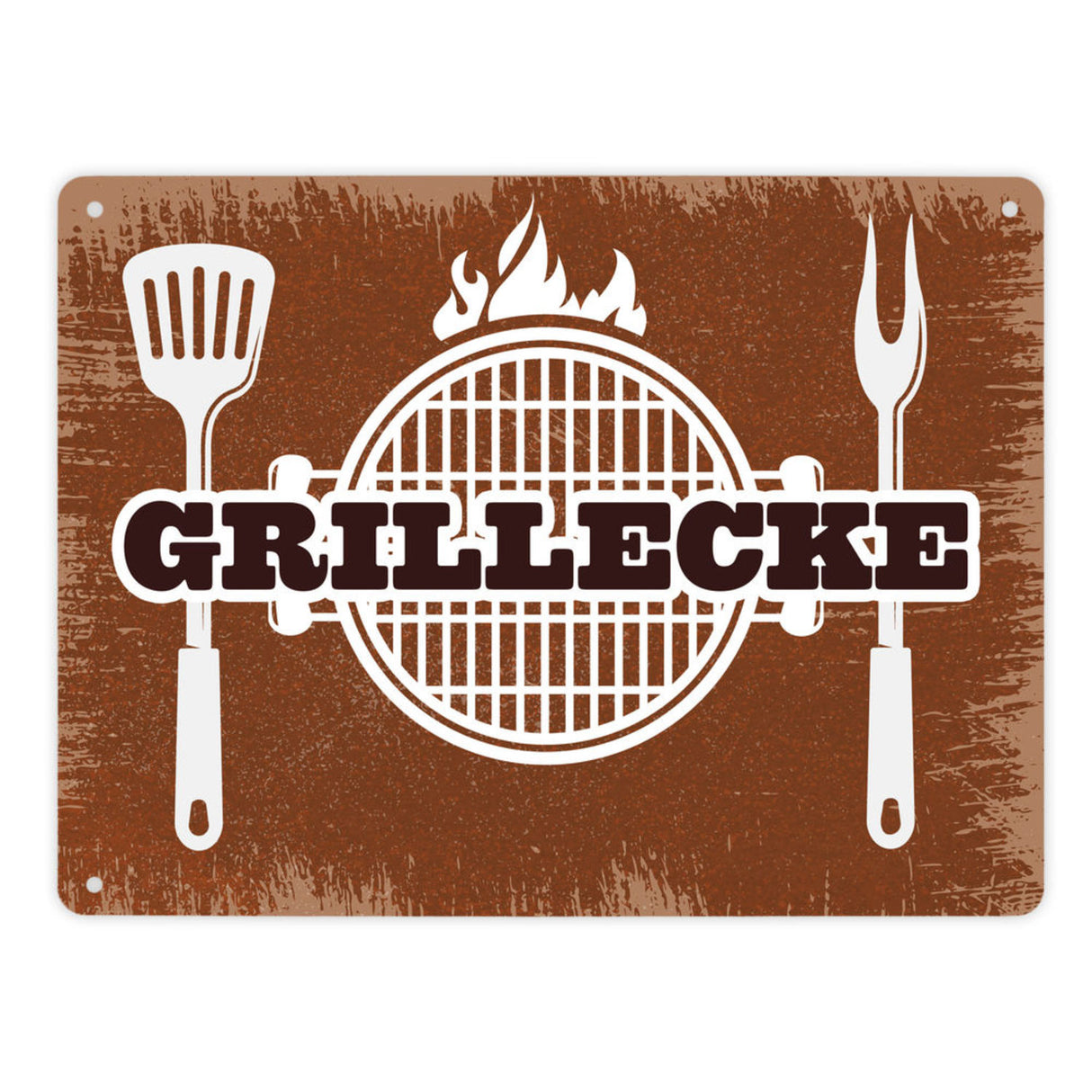 Grillecke Metallschild mit coolem Grillmotiv auf beigem Hintergrund