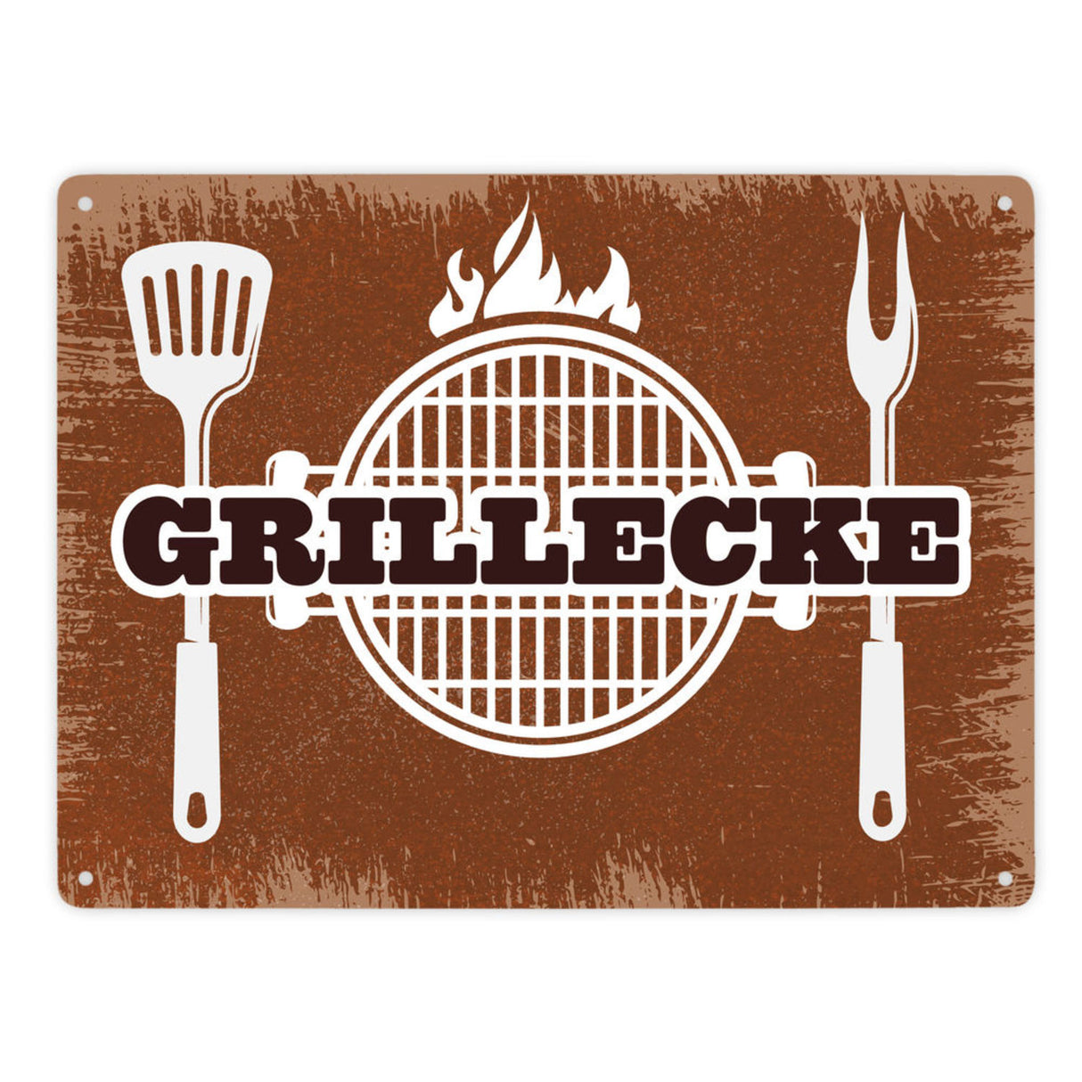 Grillecke Metallschild mit coolem Grillmotiv auf beigem Hintergrund