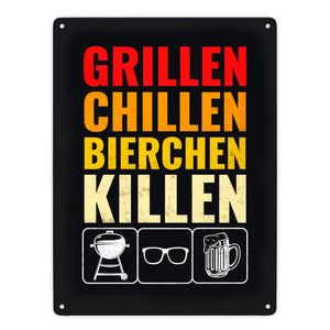 Grillen, Chillen, Bierchen Killen Metallschild mit Grill-, Sonnenbrille- und Biermotiv