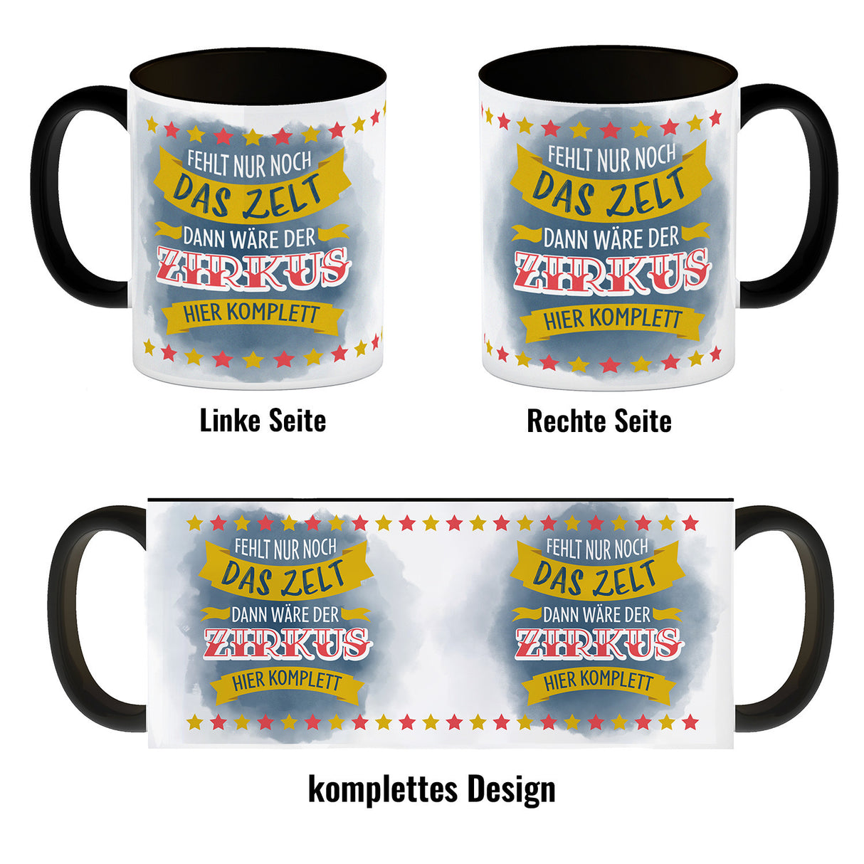 Fehlt nur noch das Zelt, dann wäre der Zirkus hier komplett Kaffeebecher mit buntem Zirkusdesign