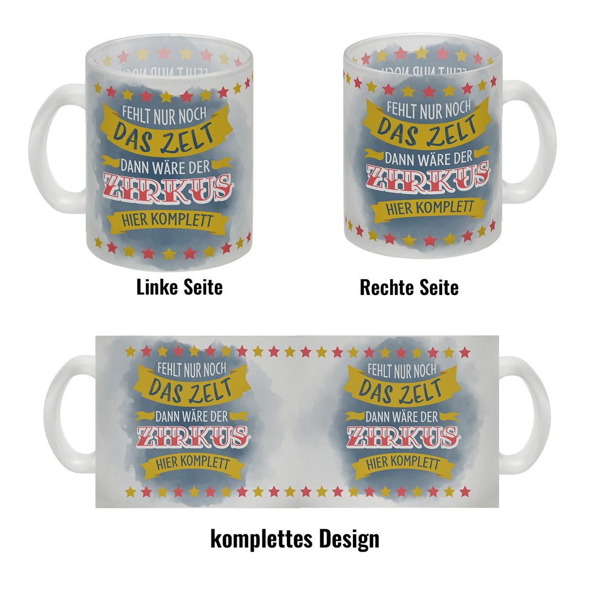 Fehlt nur noch das Zelt, dann wäre der Zirkus hier komplett Kaffeebecher mit buntem Zirkusdesign