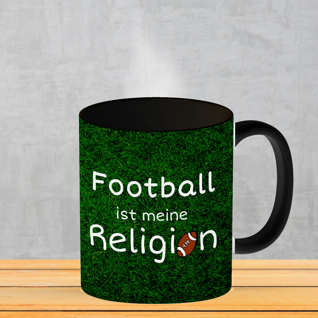 Fussball ist meine Religion Kaffeebecher mit Fussballmotiv