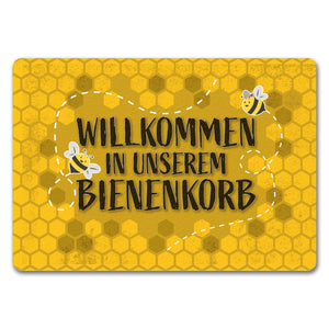 Willkommen in unserem Bienenkorb - Fußmatte mit summenden Bienen und Honigwabenmotiv