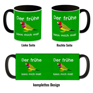 Kaffeebecher mit Bild und Spruch Der frühe Vogel kann mich mal!