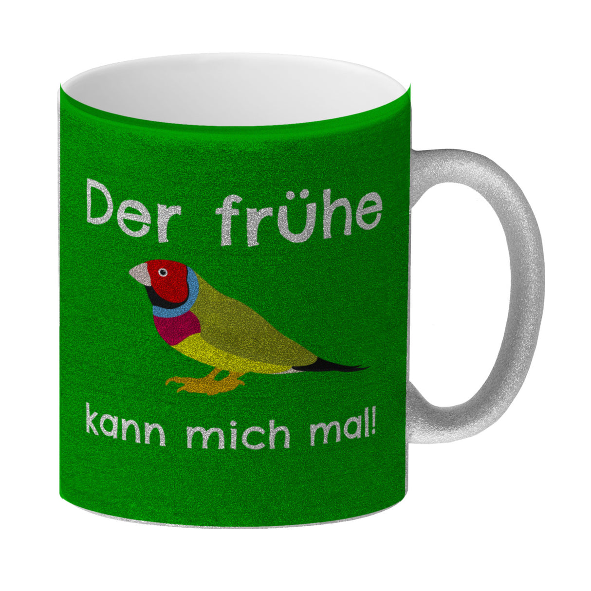 Kaffeebecher mit Bild und Spruch Der frühe Vogel kann mich mal!