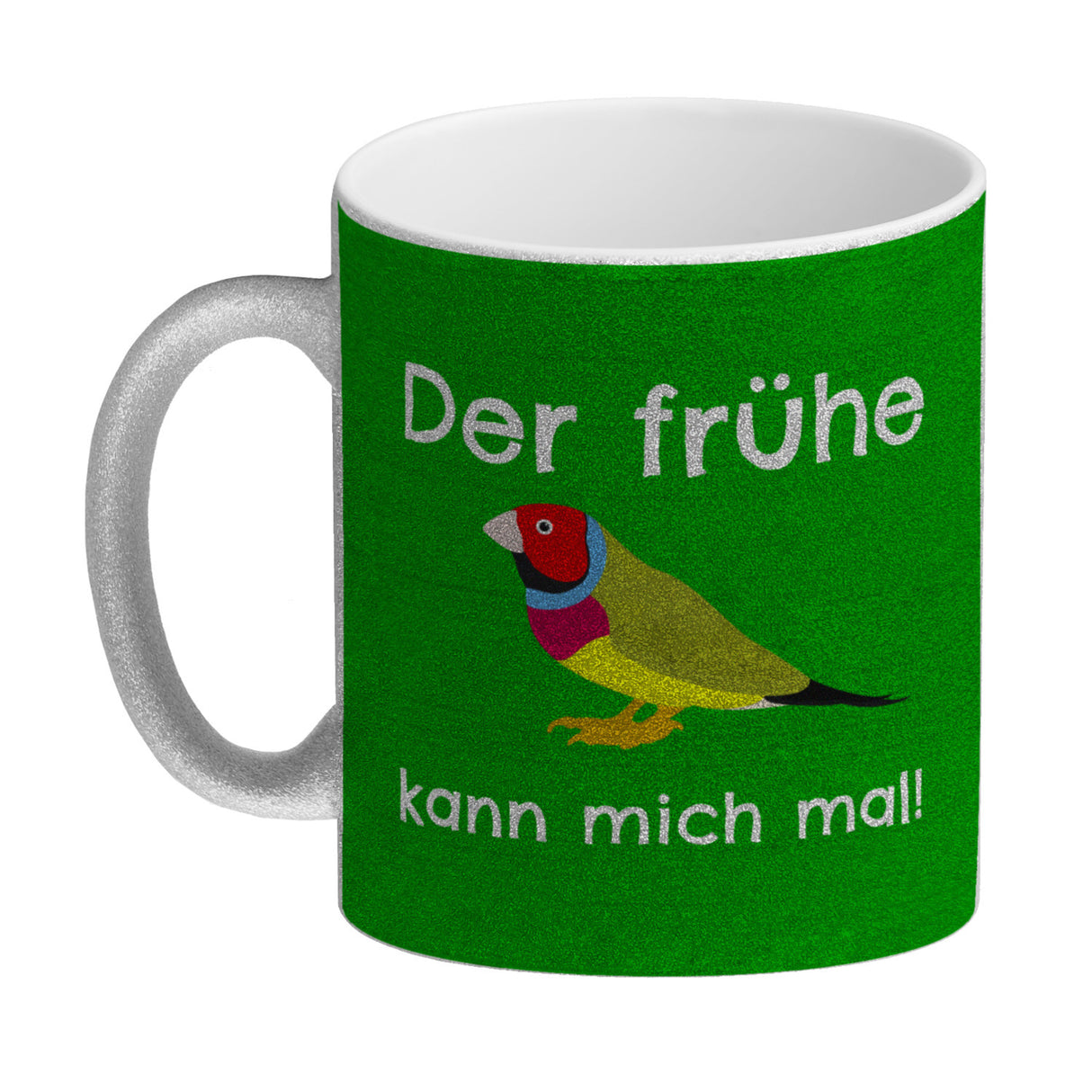 Kaffeebecher mit Bild und Spruch Der frühe Vogel kann mich mal!