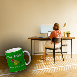 Kaffeebecher mit Bild und Spruch Der frühe Vogel kann mich mal!