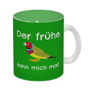 Kaffeebecher mit Bild und Spruch Der frühe Vogel kann mich mal!
