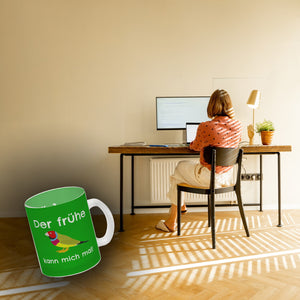 Kaffeebecher mit Bild und Spruch Der frühe Vogel kann mich mal!
