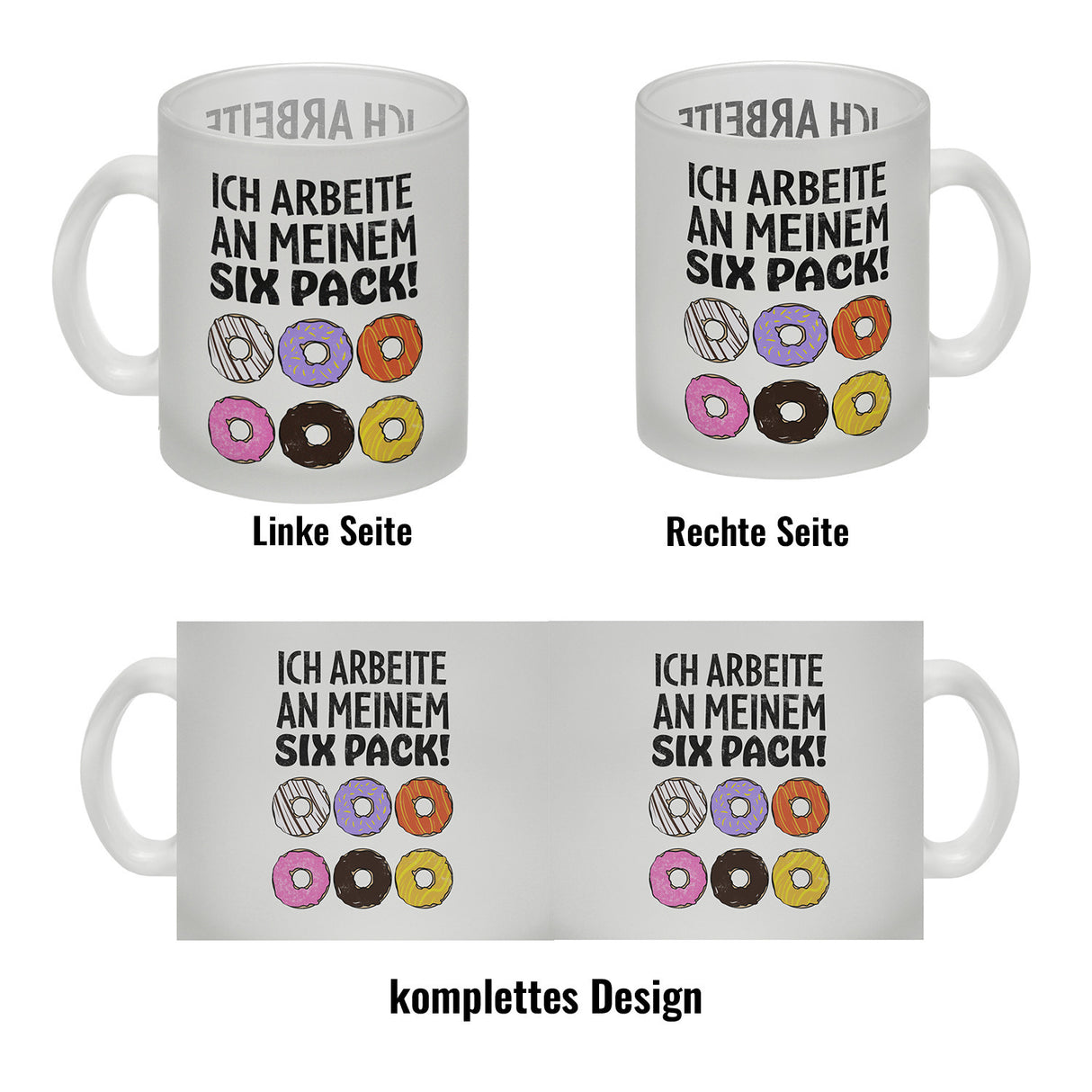 Ich arbeite an meinem Six Pack Kaffeebecher mit bunten Donuts