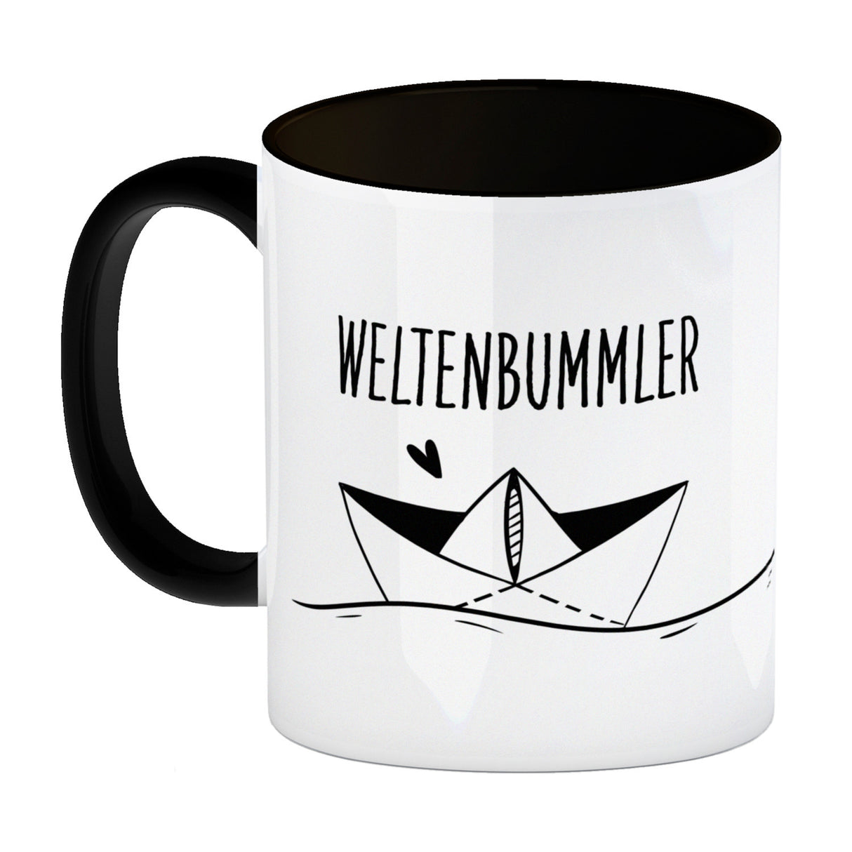 Weltenbummler Kaffeebecher mit schönem Papierschiff Motiv
