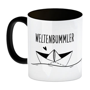 Weltenbummler Kaffeebecher mit schönem Papierschiff Motiv