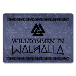 Willkommen in Walhalla Wikinger Fußmatte mit Runen und Knoten Motiven
