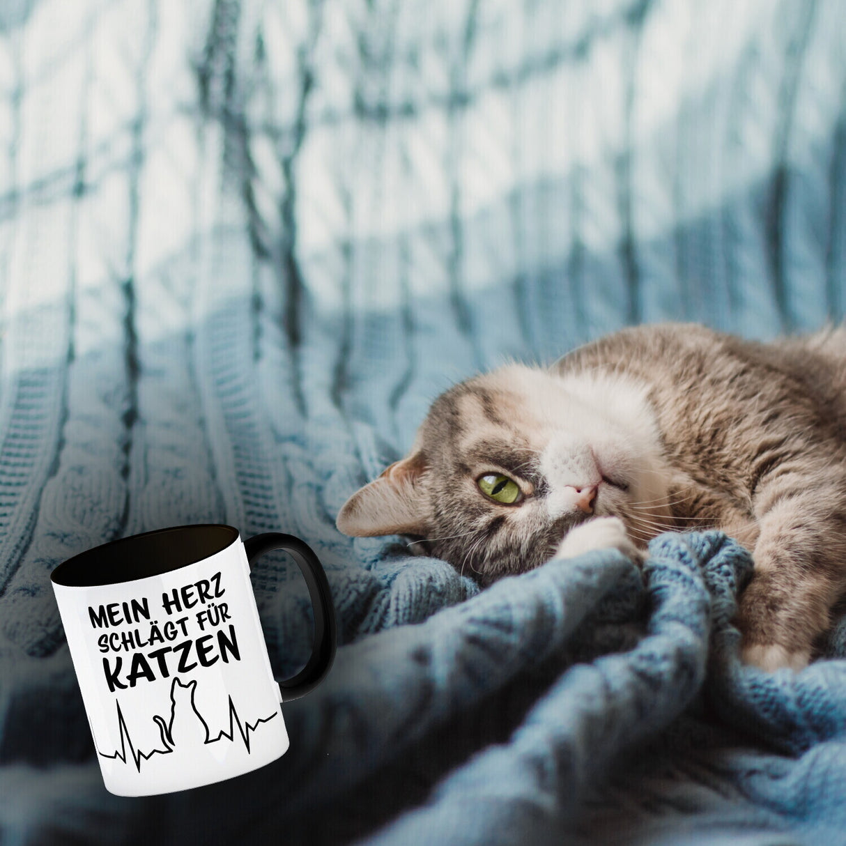 Mein Herz schlägt für Katzen Kaffeebecher mit süßem EKG Motiv